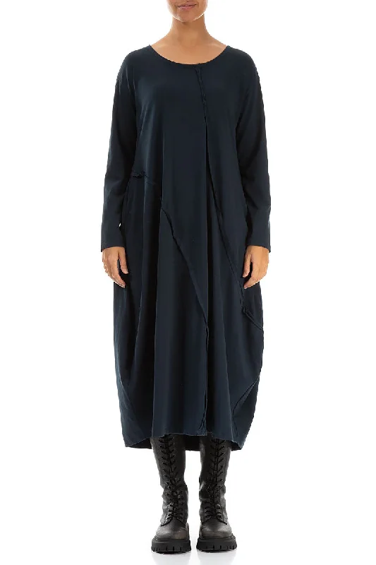 Asymmetric Seams Midnight Blue Cotton Dress Tunics Fleece cozy