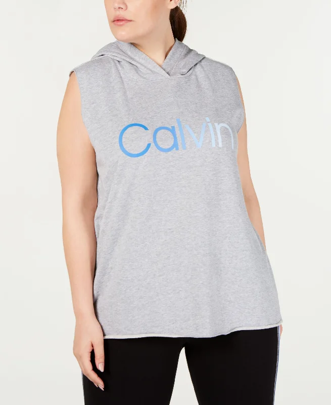 Calvin Klein Performance Plus Size Ombre Logo Sleeveless Hoodie Hoodie with Hem Raw Edge Edgy Unfinished