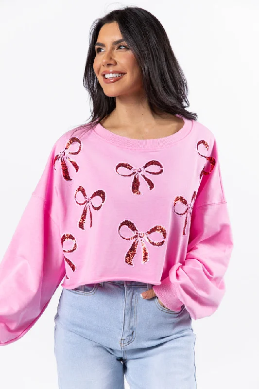 Wrapped Around My Finger Bow Sequin Patch Pink Cropped Sweatshirt FINAL SALE Hoodie with Button Placket Classic Preppy