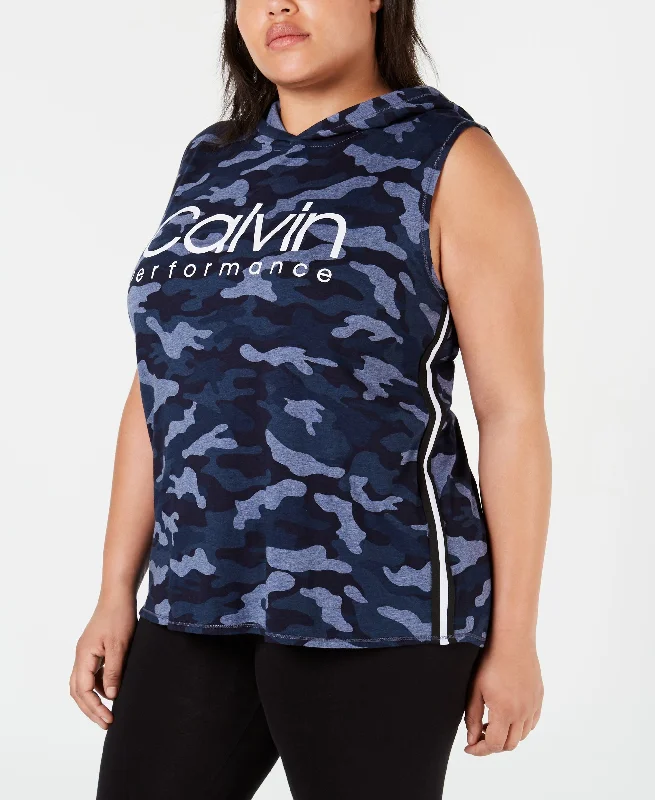 Calvin Klein Performance Plus Size Camo Print Varsity Stripe Sleeveless Hoodie Hoodie with Hem Patch Decorative Personalized