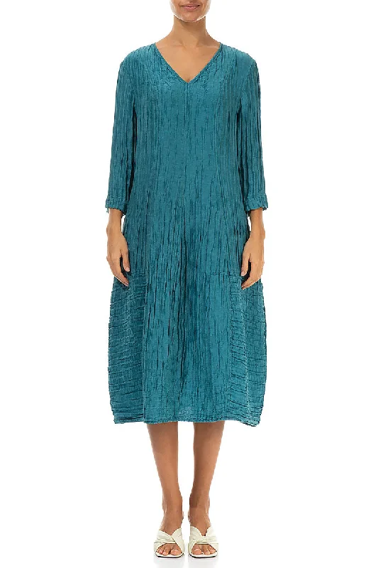 V-Neck Crinkled Turquoise Silk Linen Dress Tunics Business professional