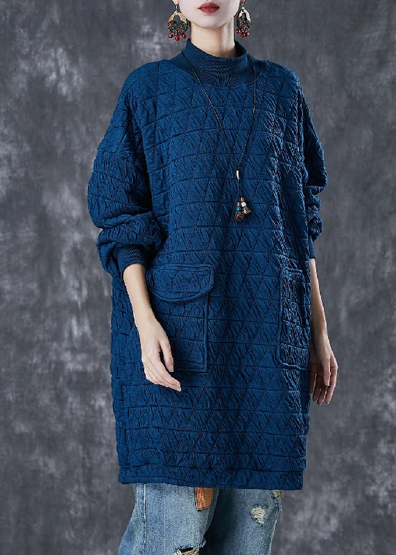 Navy Warm Fine Cotton Filled Sweatshirt Dress High Neck Pockets Winter Hoodie with Batwing Sleeves Loose Dramatic