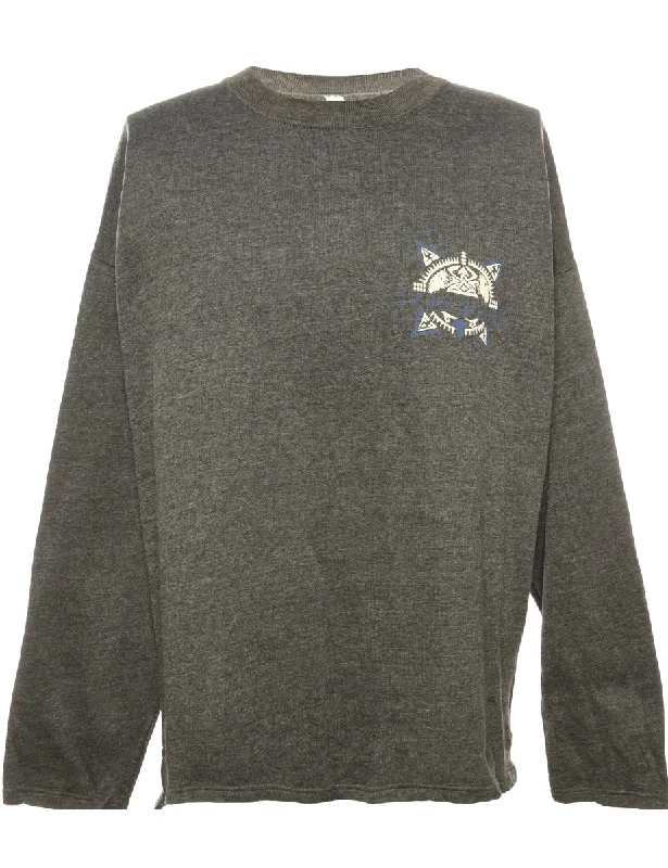 Dark Grey Printed Sweatshirt - XL Hoodie with Tied Waist Feminine Flattering