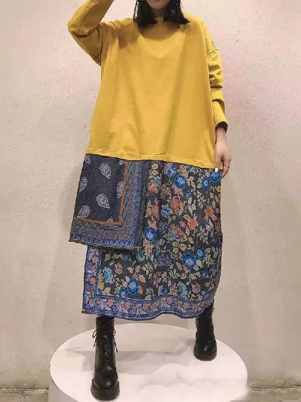 All Your Memories Ethnic Floral Print Midi Sweatshirt Dress Hoodie with Drawcord Adjustable Secure