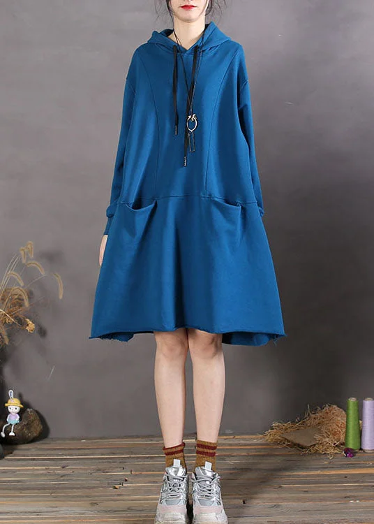 Blue drawstring Cotton Loose Sweatshirts dress Spring Hoodie with Contrast Stitching Detailed Premium