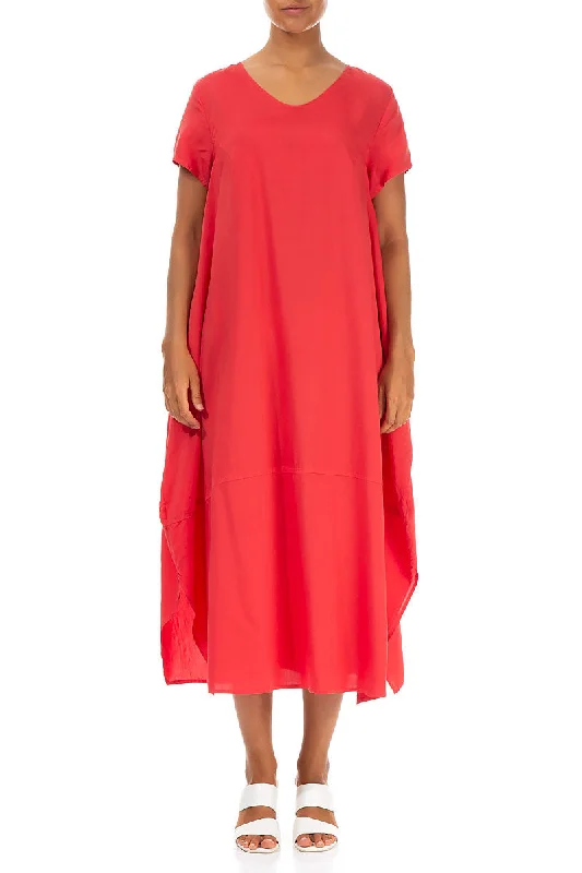 Single Pocket Poppy Red Silk Bamboo Dress sweetheart Neckline Romantic
