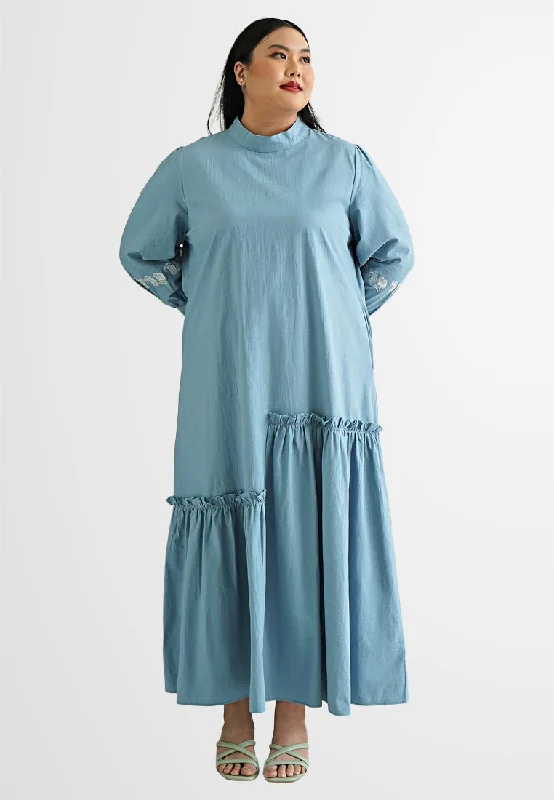 Alora High Neck Embroidery Ruffles Long Dress Tunics Wedding white