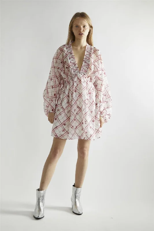 Burgundy-Floral Check Skater Mini-Dress Elegant Long Evening