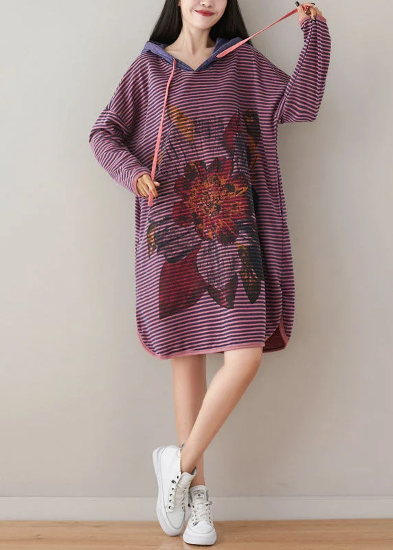 Plus Size Purple Hooded Striped Print Cotton Sweatshirt Dress Spring Hoodie with Elastic Cuffs Stretchable Comfortable