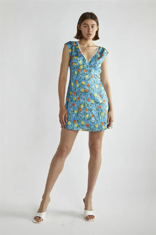Blue Lemon-Print V-Neck Mini-Dress Tunics Fashionable chic