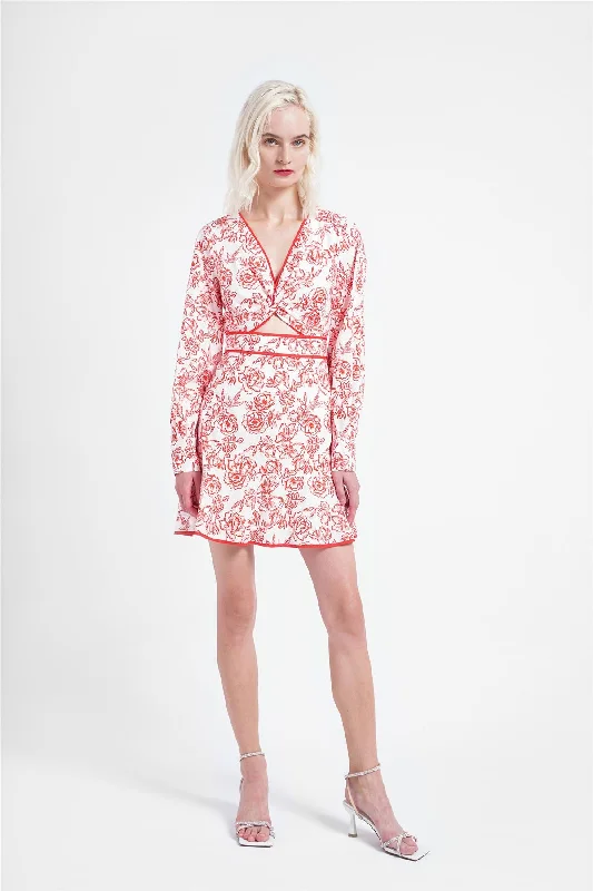 Red Outline Floral V-Neck Cut-Out Mini-Dress Turtleneck Neckline Stylish