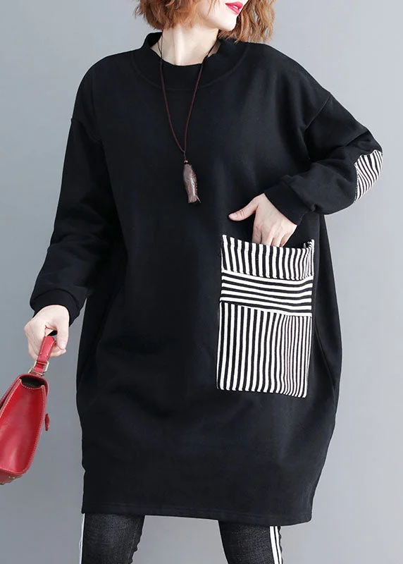 Chic Black Pockets Patchwork Warm Fleece Sweatshirts dress Winter Hoodie with Patch Decorative Personalized
