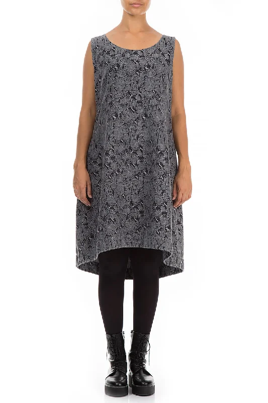 Sleeveless Rose Pattern Anthracite Silk Cotton Dress Tunic Top Casual