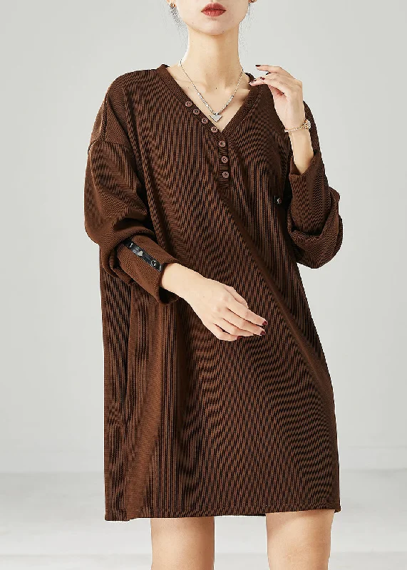 Modern Brown V Neck Cotton Sweatshirt Dress Spring Hoodie with Exposed Zipper Edgy Industrial
