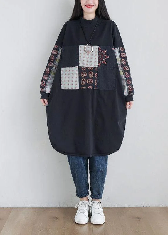 Stylish Black Turtleneck Print Loose Fall Floral Sweatshirts Dress Hoodie with Longline Fit Extended Stylish