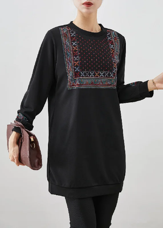 Women Black Oversized Zircon Cotton Sweatshirts Dress Fall Hoodie with Toggle Buttons Decorative Unique