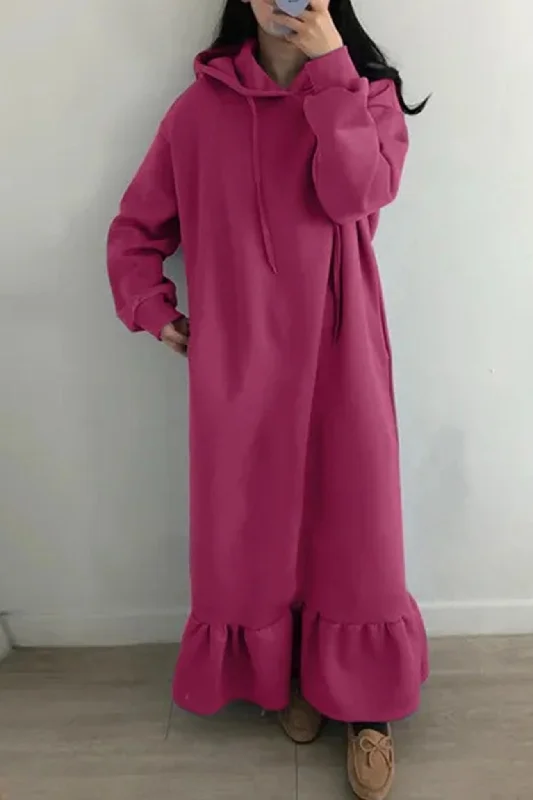Solid Hoodie Fishtail Sweatshirt Dress Hoodie with Slit Hem Functional Movement