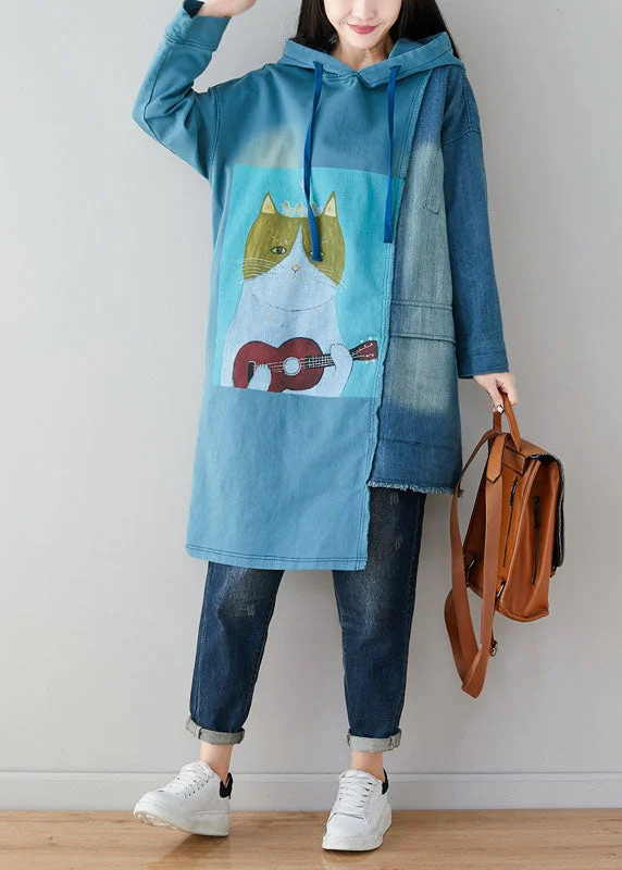 Unique Blue Oversized Patchwork Cotton Sweatshirts Dress Spring Hoodie with Cuffed Sleeves Snug Secure
