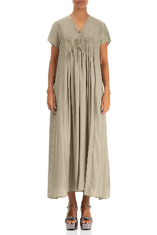 Romantic Silver Sage Silk Bamboo Dress Square Neckline Feminine