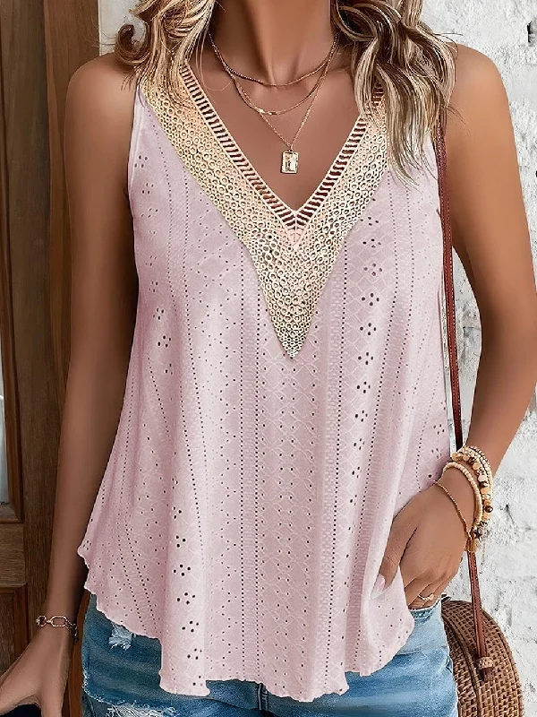 Apricot Pink Crochet Lace V-Neck Loose Fit Tank Top with Intricate Hollowouts adorable tank top