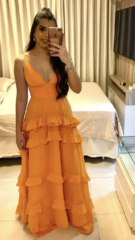 Orange Spaghetti Straps A-Line Ruffles Wedding Guest Dress Long Party Dress, DP3544 Off-the-shoulder Chic Trendy Orange Spaghetti Straps A-Line Ruffles Wedding Guest Dress Long Party Dress, DP3544 Off-the-shoulder Chic Trendy