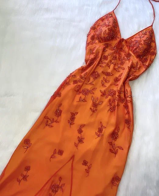 Orange Halter Beading Appliques Vintage Long Party Dress, DP2494 Tunics Trendy modern Orange Halter Beading Appliques Vintage Long Party Dress, DP2494 Tunics Trendy modern