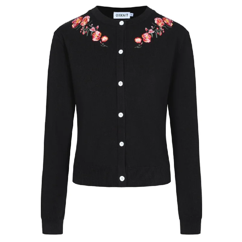 Women's black embroidered floral cardigan sweater-Cropped Length Casual Formal Business