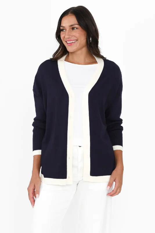 Hampton Navy Contrast Cardigan Cardigan Knitwear Sweater