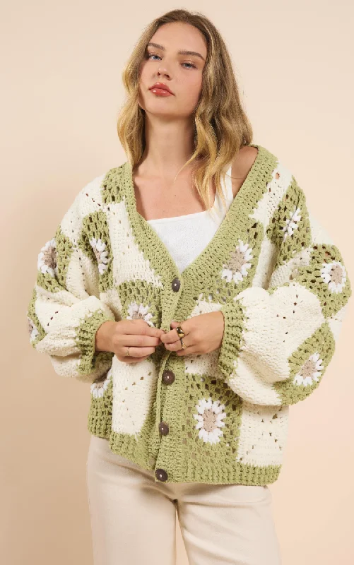 Myriam Daisy Crochet Cardigan Mesh Blend Leather Blend Suede Blend