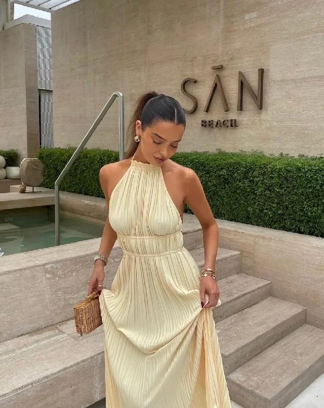 Elegant Halter Backless A-Line Pleated Elegant Party Dress with Slit, DP2461 Square Neckline Feminine Elegant Halter Backless A-Line Pleated Elegant Party Dress with Slit, DP2461 Square Neckline Feminine