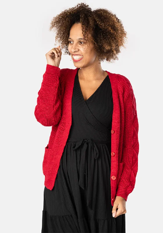 Red Cable Sleeve Cardigan Seamless Knitted Crochet
