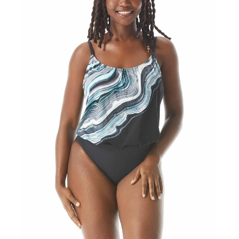 Coco Reef Womens Striped Removable Padding One-Piece Swimsuit Swim Skirt Set