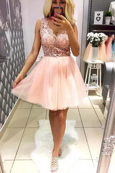 Pink Tulle V Neck Homecoming Dresses with Lace Short Straps Cocktail Party Dresses Tunics Spring floral Pink Tulle V Neck Homecoming Dresses with Lace Short Straps Cocktail Party Dresses Tunics Spring floral