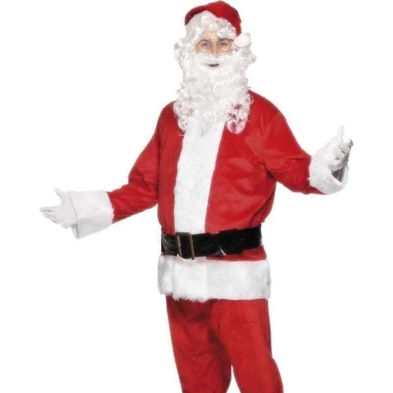 Deluxe Santa Costume Red Jacket Trousers Belt Hat Boot Covers Beard Cardigan Sweater Pullover