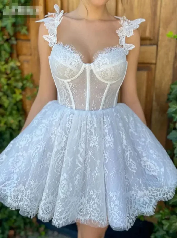 White Sweetheart Lace A-Line Charming Short Party Dress, DP2557 Halter Neckline Beach White Sweetheart Lace A-Line Charming Short Party Dress, DP2557 Halter Neckline Beach
