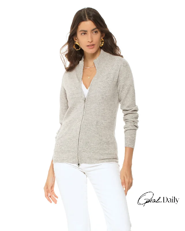 Oprah Daily - Women's Cashmere Zip Cardigan Light Grey Rayon Fabric Velvet Fabric Corduroy Fabric