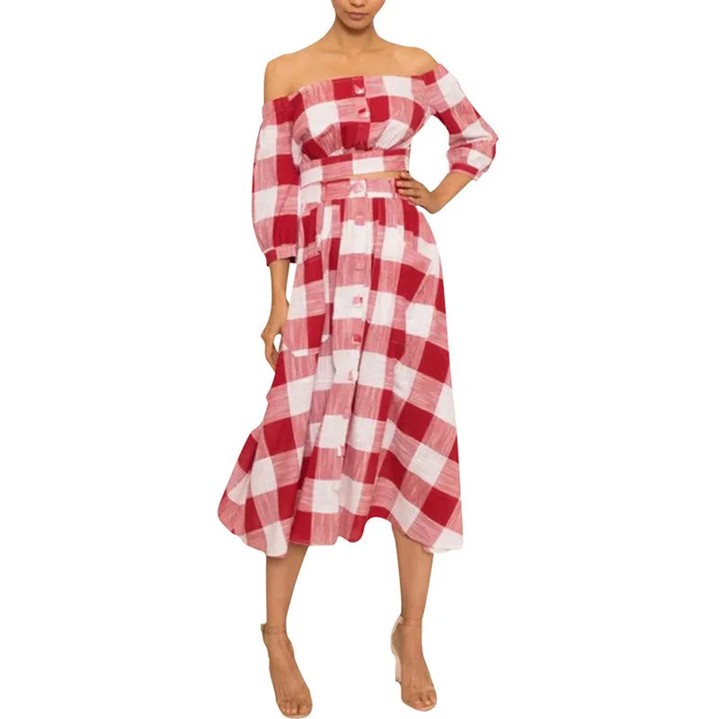 Red Plaid Pleated Off Shoulder Bandage Top And Maxi Skirt With Pockets #Off Shoulder #Plaid spandex blend skirt
