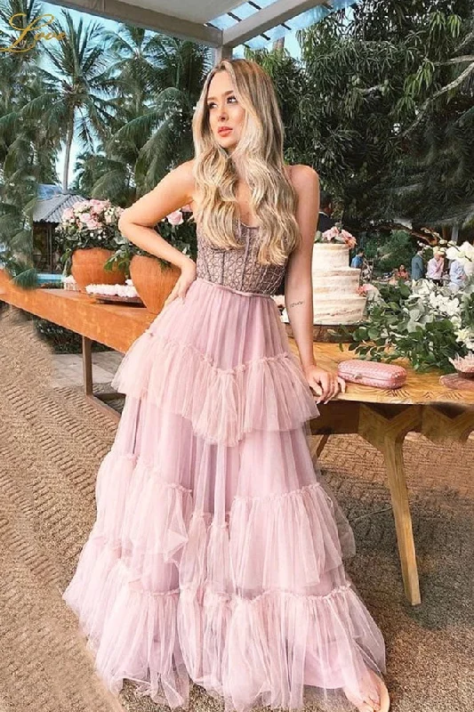 Pink Layers Prom Dress Long A-line Beaded Party Dress Tiered Strapless Tulle Evening Dress OKW44 Tunics Trousers formal Pink Layers Prom Dress Long A-line Beaded Party Dress Tiered Strapless Tulle Evening Dress OKW44 Tunics Trousers formal