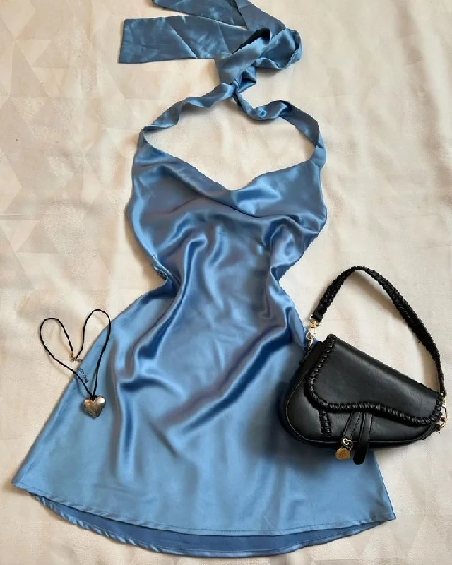 Blue Halter Satin Mini Party Dress Fashion Homecoming Dress, DP3520 Tunics Silk luxurious