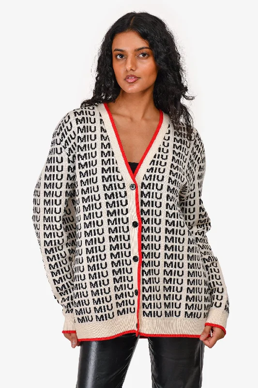 Miu Miu Cream/Black Logo Printed Wool Cardigan with Red Trim Size 40 Rayon Fabric Velvet Fabric Corduroy Fabric