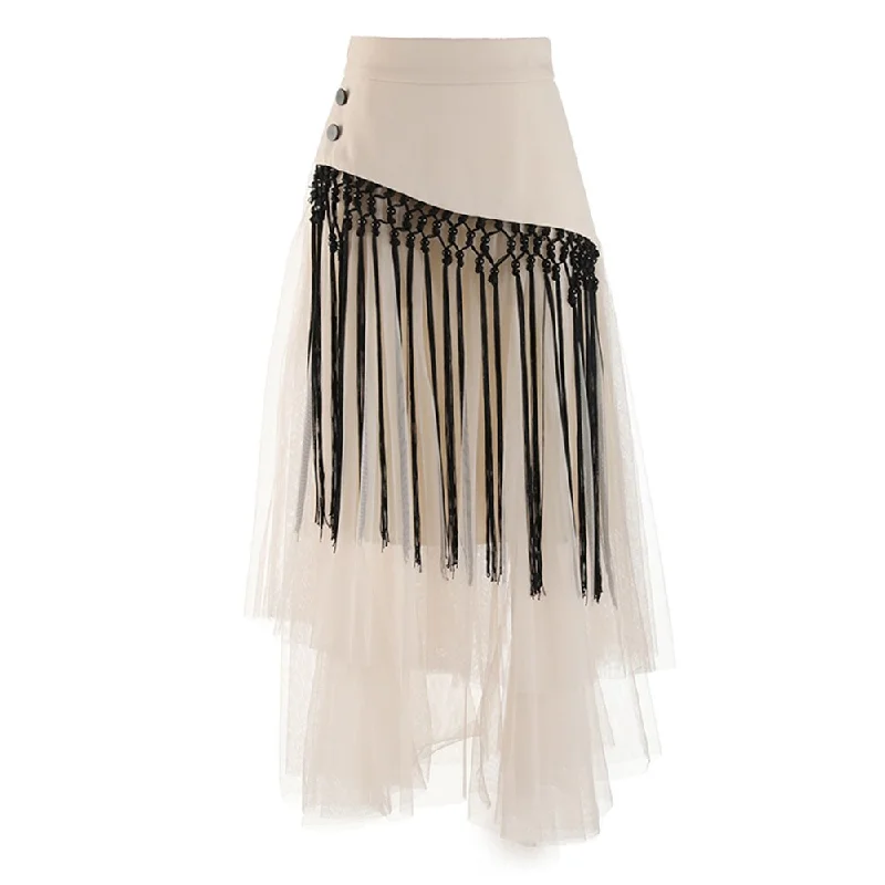 Patchwork Tassels Mesh A-Line Skirt spandex blend skirt