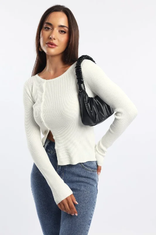 White Knit Cardigan Long Sleeve Crew Neck Button Up Cashmere Blend Cotton Blend Poly Blend