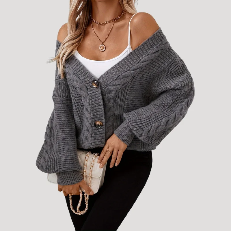 Chunky cable knit cardigan with button front Sequined Glittery Shiny