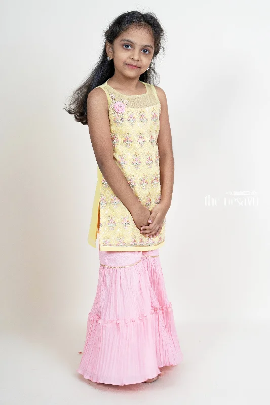 Latest Embroidery Yellow With Pink Sharara Pant For Baby Girls Stretch Fit Pants