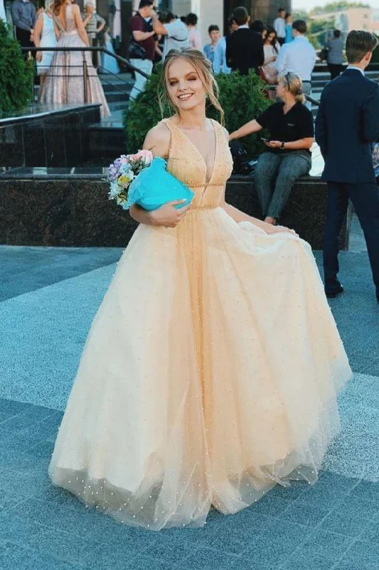 Elegant A-Line V Neck Tulle Long Prom Dress with Pearls Evening Party Dress OKZ60 Tunics Fall fleece Elegant A-Line V Neck Tulle Long Prom Dress with Pearls Evening Party Dress OKZ60 Tunics Fall fleece