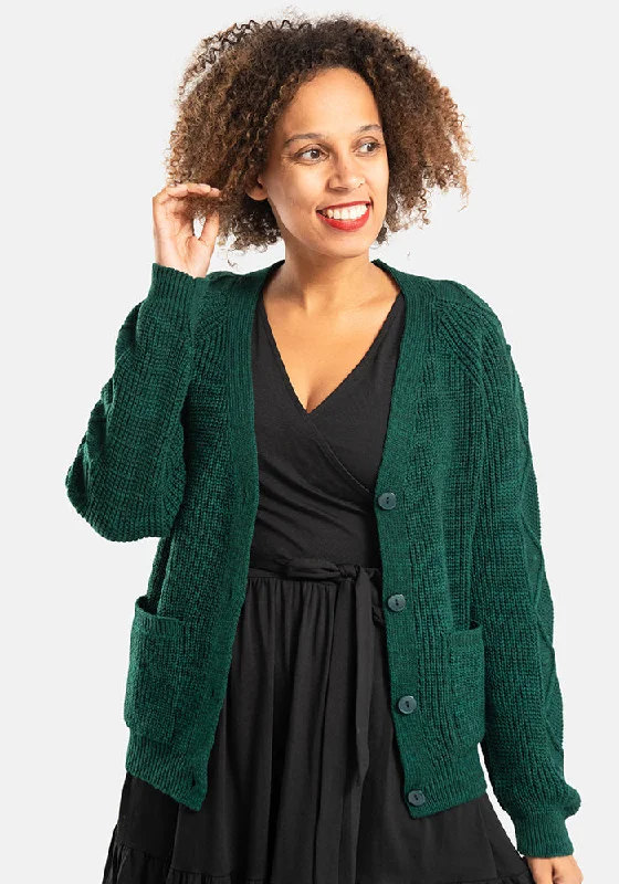 Dark Green Cable Sleeve Cardigan Cable Knit Ribbed Knit Lace Knit