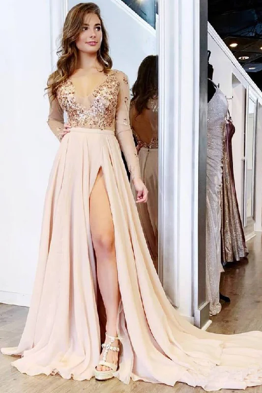 Long Sleeve See Through V Neck Prom Dress Side Slit Formal Prom Party Dress OKH65 Tunics Cozy comfortable