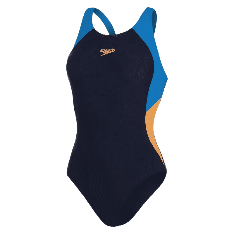 Speedo Colourblock Splice Muscleback Swimsuit - Womens - True Navy/Pool/Papaya Punch Elegant Ruffled Bikini Speedo Colourblock Splice Muscleback Swimsuit - Womens - True Navy/Pool/Papaya Punch Elegant Ruffled Bikini