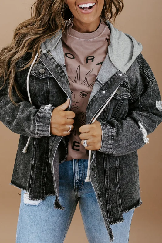 Black Drawstring Hooded Frayed Denim Jacket Collared Jacket Crew Neck Jacket Turtle Neck Jacket