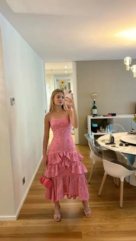 Lovely Pink Straps A-Line Lace Layers Long Party Dress Birthday Outfits, DP3548 Pleated Skirt Elegant